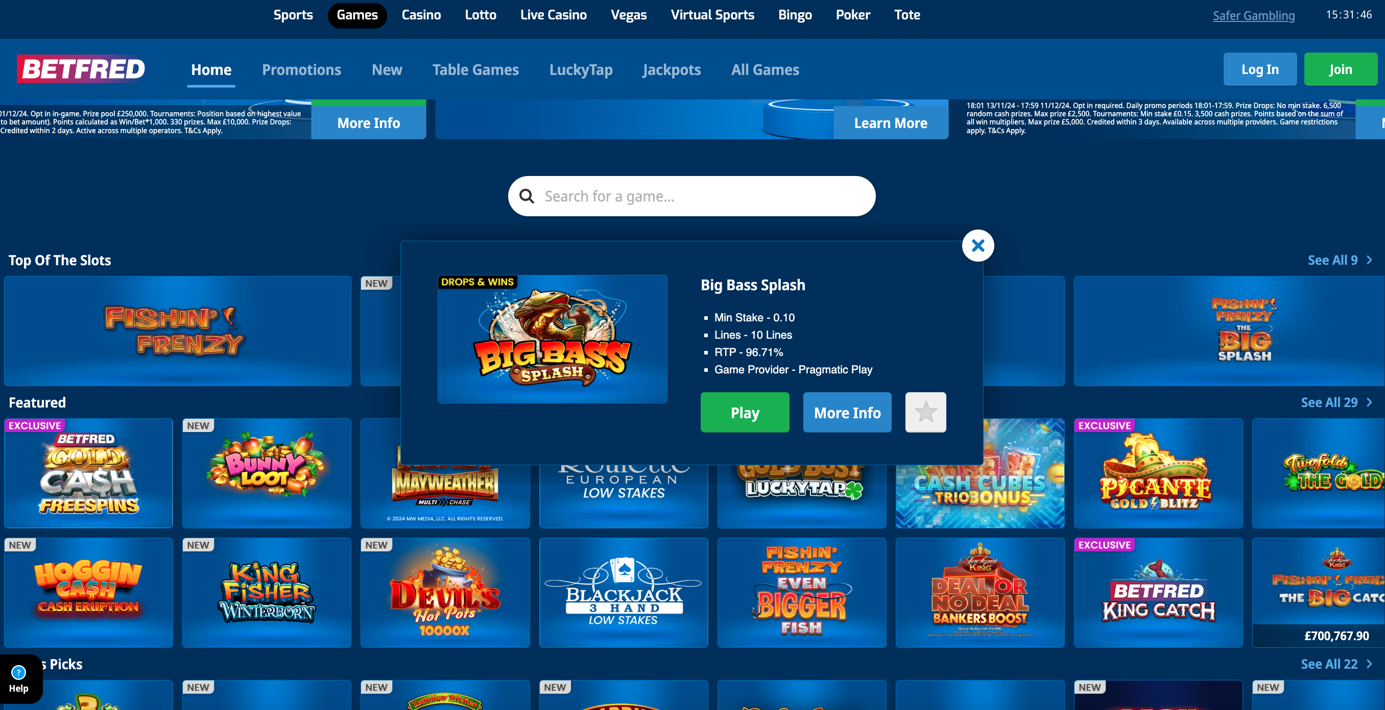 Betfred's casino section, showing a range of slots as well as detailed information about Big Bass Splash, including minimum stake, number of lines, RTP and game provider